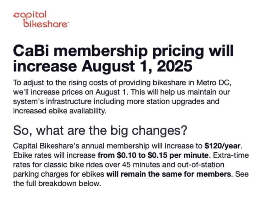 Capital Bikeshare Update on Membership Price Increase on August 1st