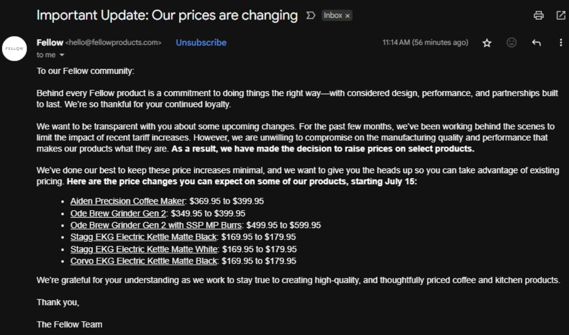 Fellow Update on Product Price Increase on July 15th