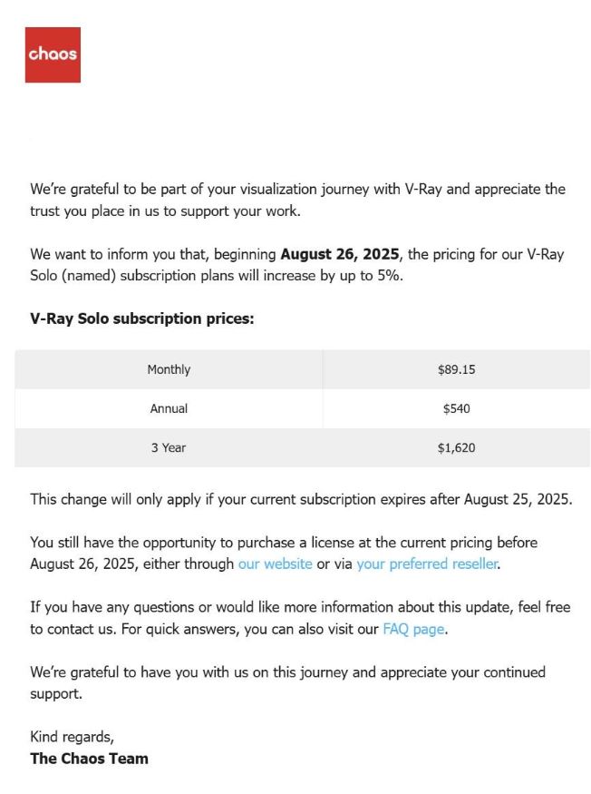 Chaos V-Ray update on Subscription Price Increase on August 26th