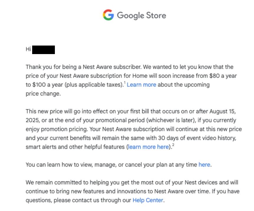 Google Nest Aware Update on Subscription Price Increase on August 15th