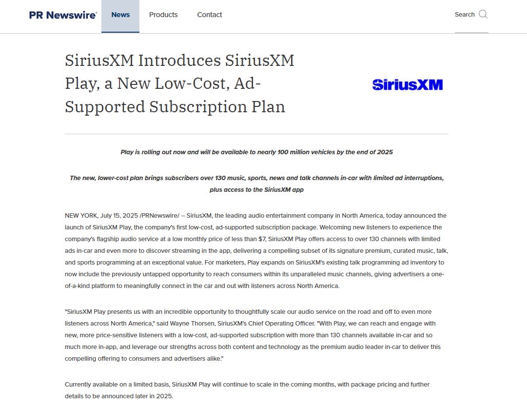 SiriusXM Update On Ad-Supported Subscription Plan Pricing