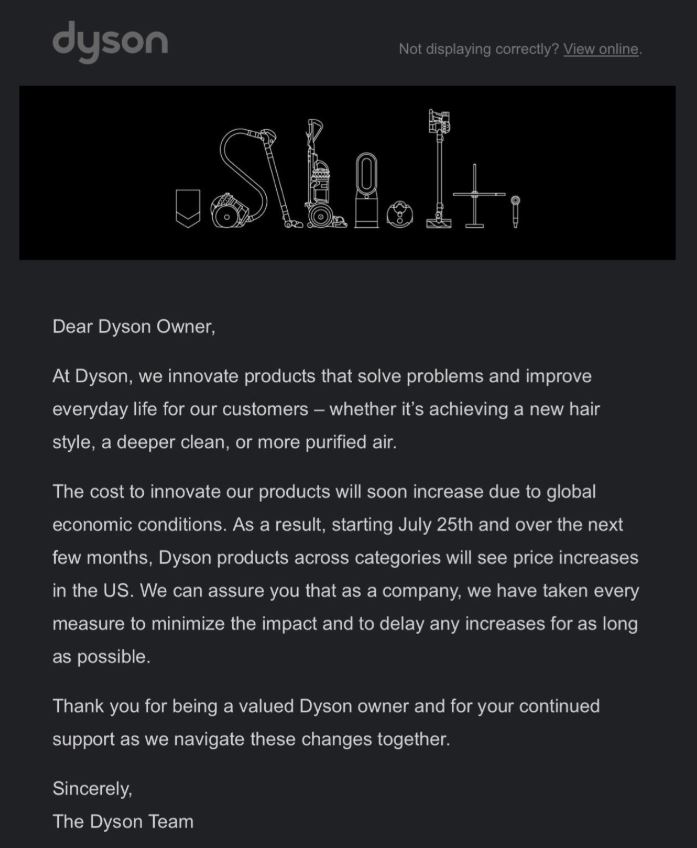 Dyson Update on Products Price Increase on July 25th