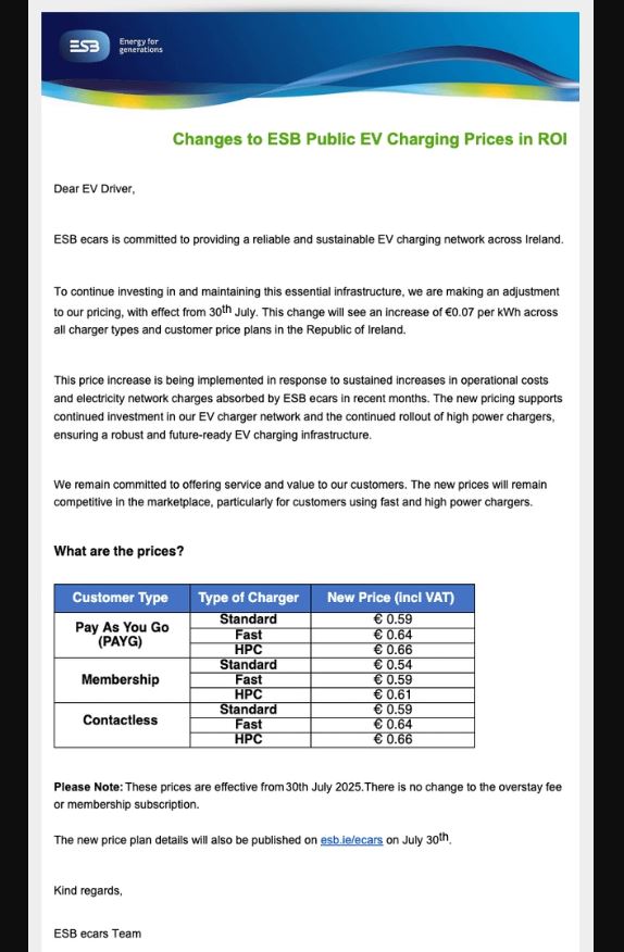 ESB Update on EV Charging Membership Price Increase on July 30th