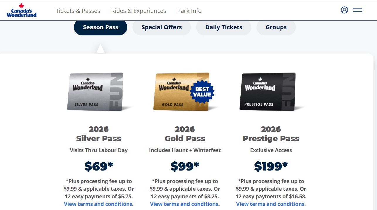 Canadas Wonderland Season Passes pricing on July 18, 2025