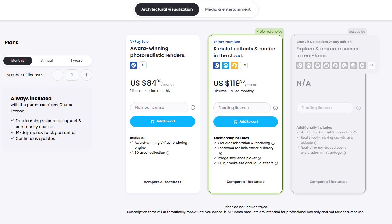 Chaos V-Ray pricing on July 16, 2025