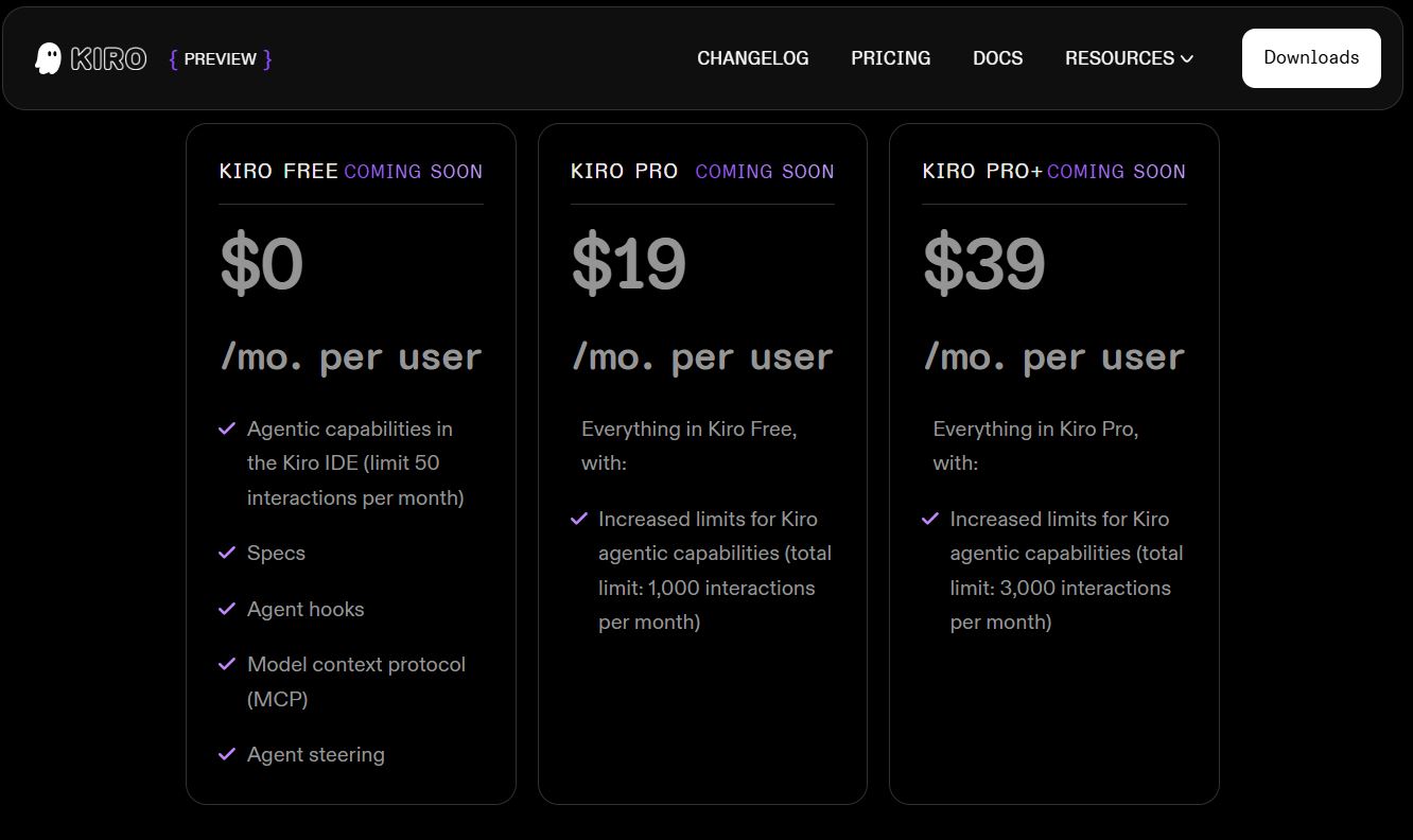 Kiro pricing on July 16, 2025