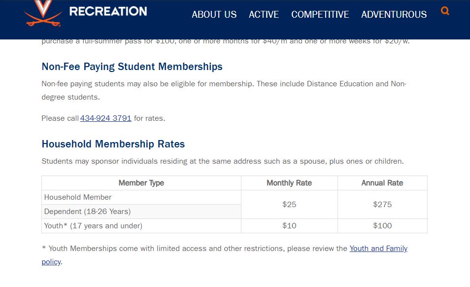 UVA Recreation Membership pricing on May 30, 2025