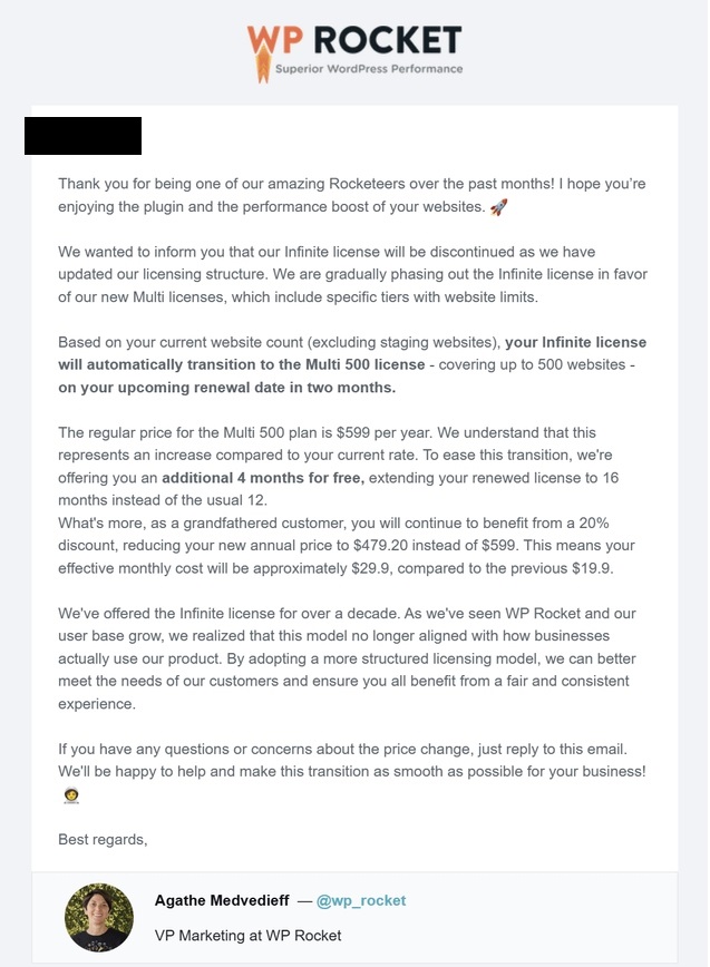 WP Rocket Update on Subscription Price Increase for Infinite Plan