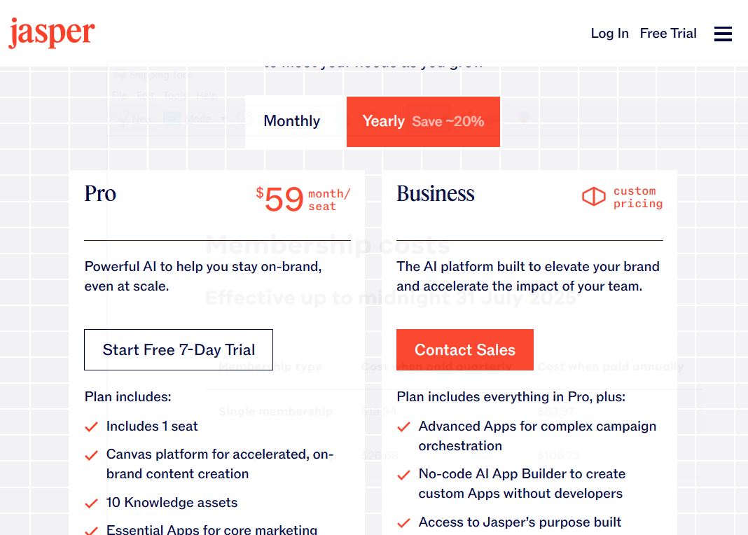 Jasper AI pricing on August 1, 2025