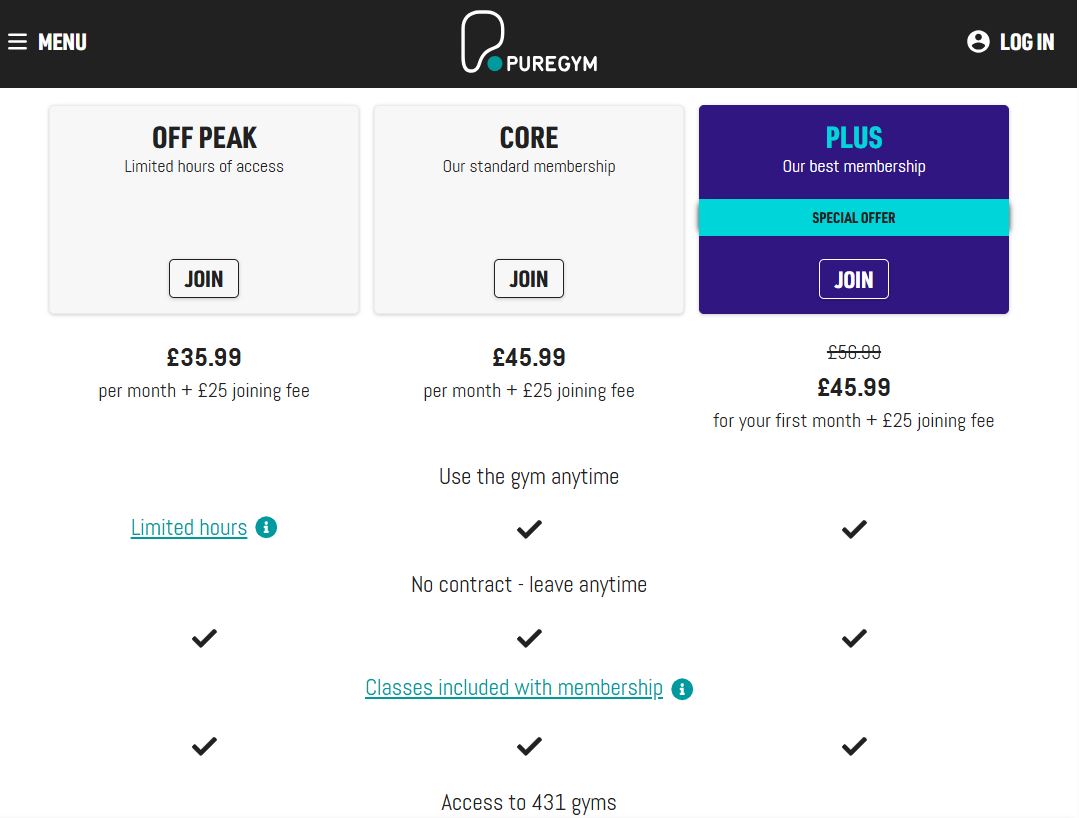 PureGym Membership pricing on August 19, 2025