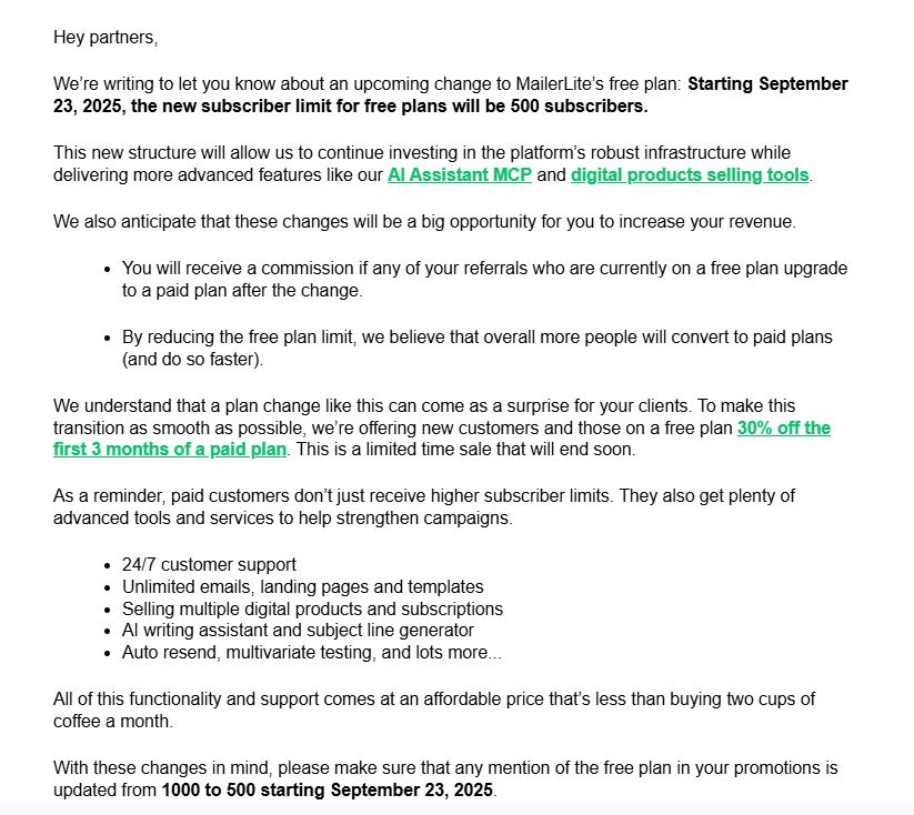 MailerLite Update on Free Plan Subscriber Limit Changes on September 23rd