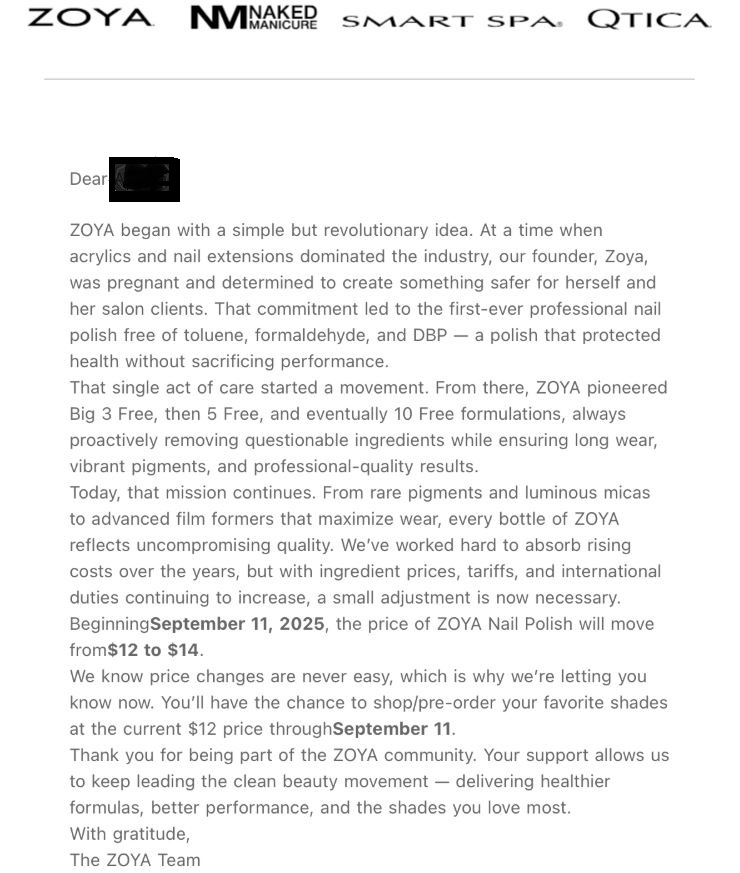 ZOYA Update on Product Price Increase on September 11th