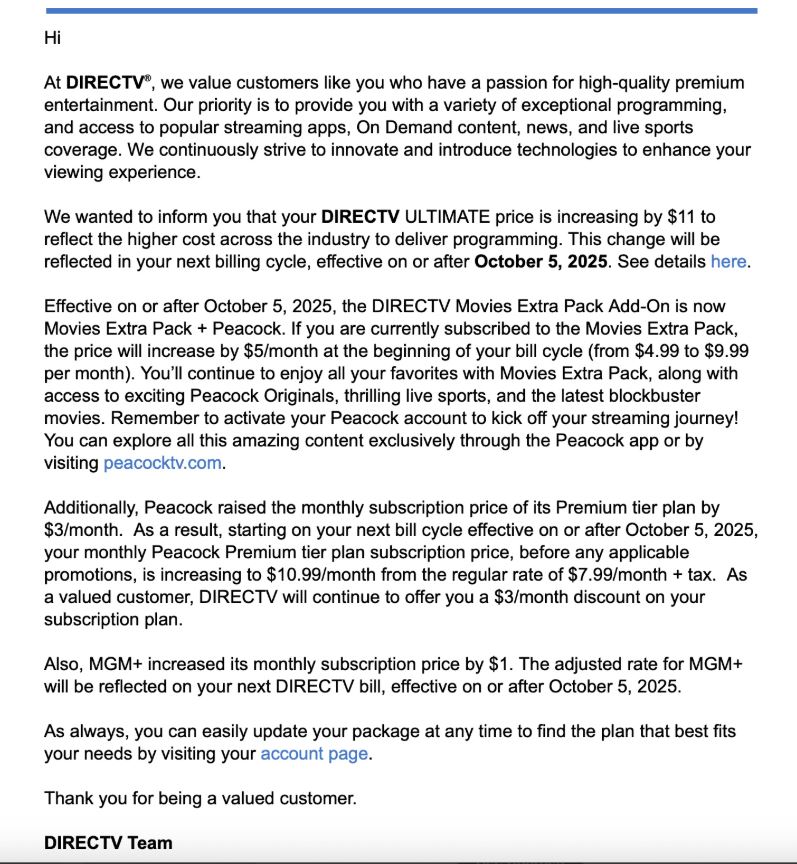DIRECTV Update on Subscription Price Increase on October 5th