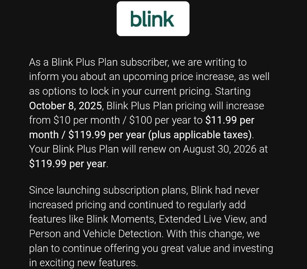 Blink Update on Subscription Price Increase on October 8th