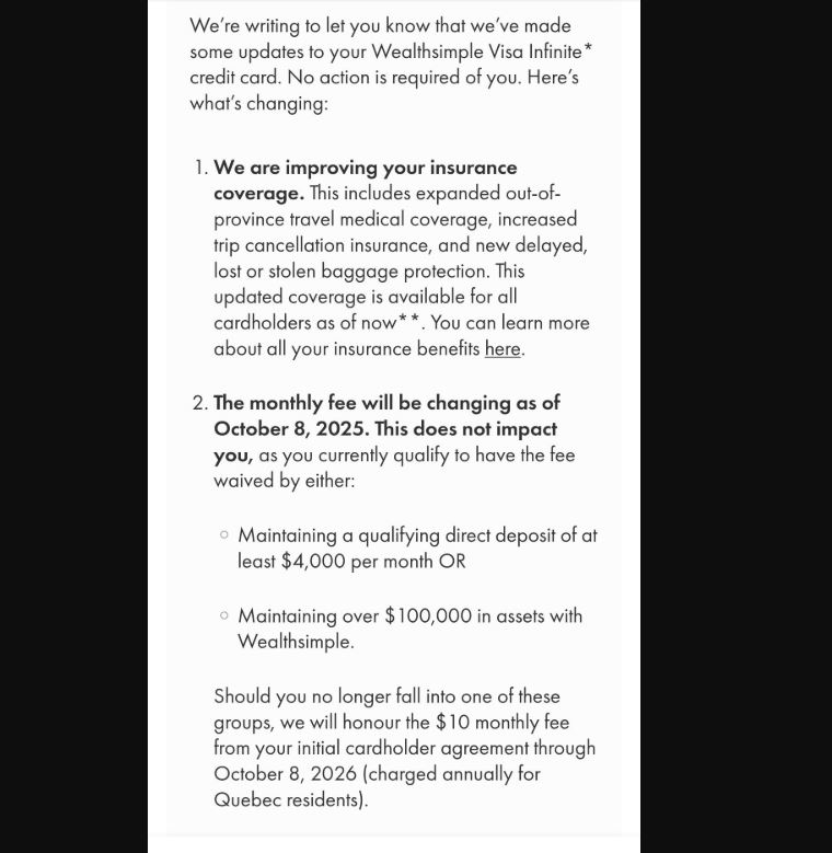Wealthsimple Update on Visa Infinite Card Monthly Fee Increase on October 8th