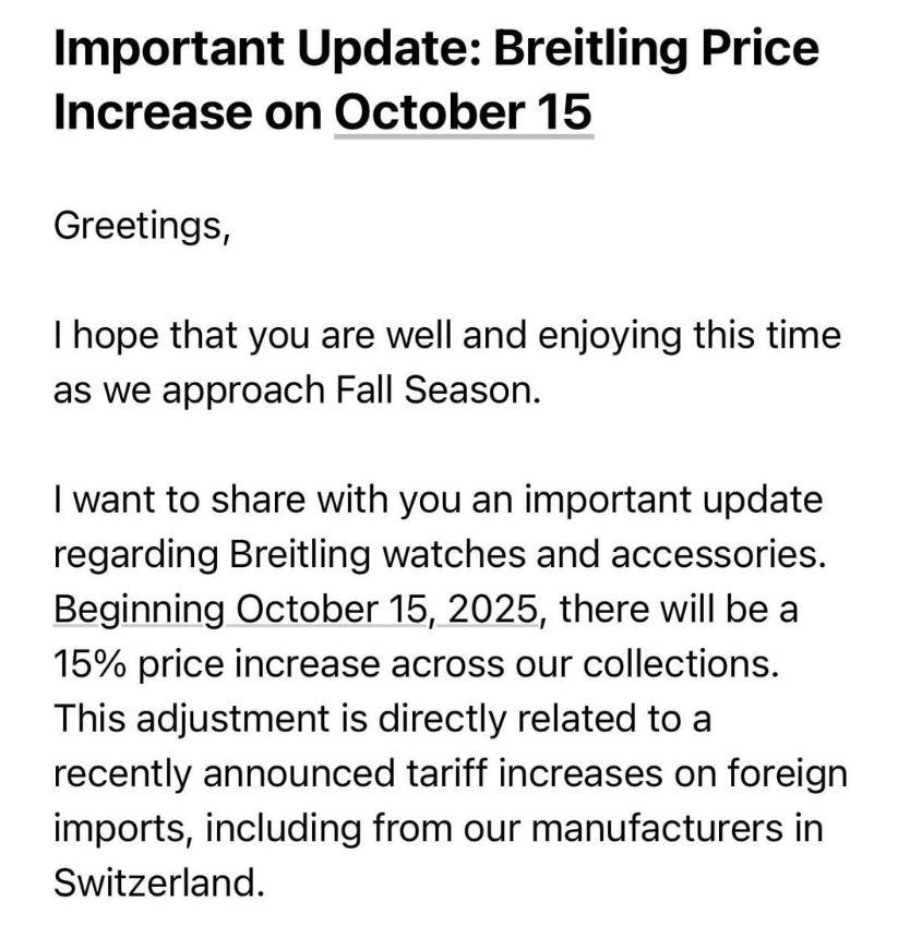 Breitling Shop Update on Price Increase on October 15th