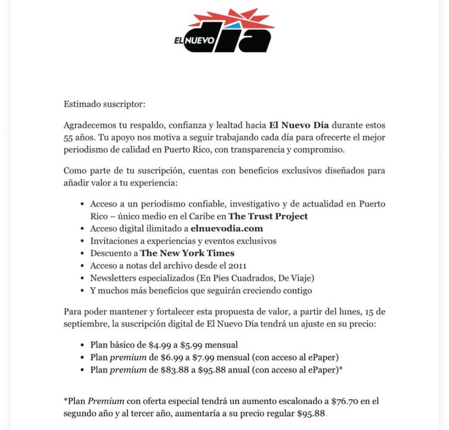 El Nuevo Dia update on Subscription Price Increase on September 15th