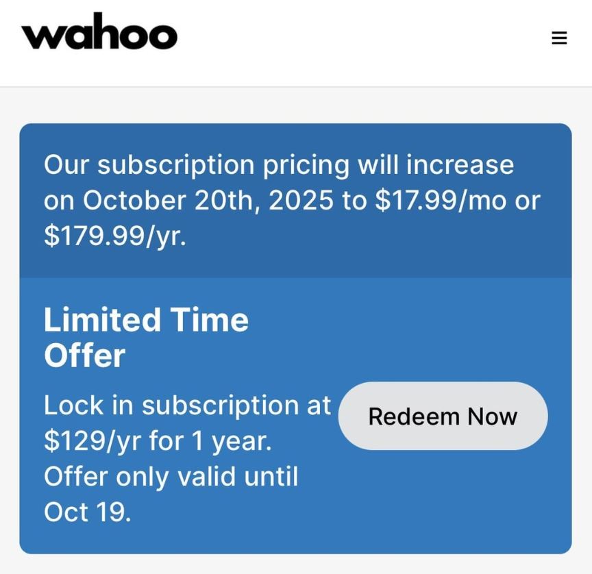 Wahoo Update on Subscription Pricing Increase on October 20th