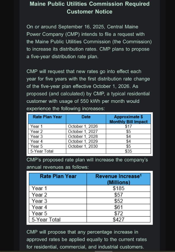 Central Maine Power Update on Plan to Increase Distribution Rates