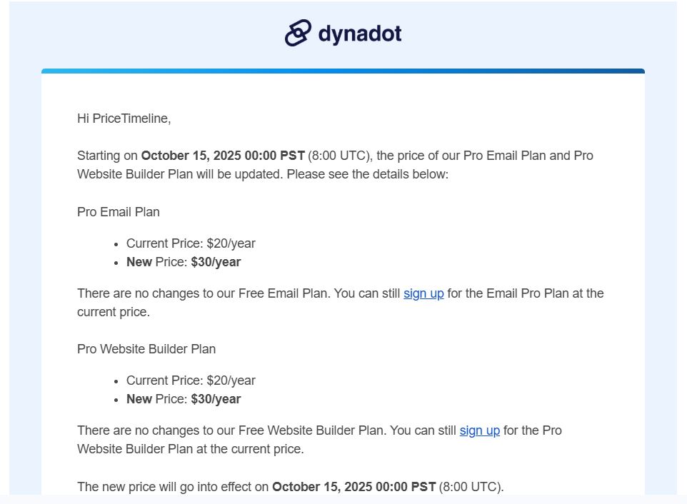 Dynadot Update on Pro Email and Website Builder Price Increase on October 15th