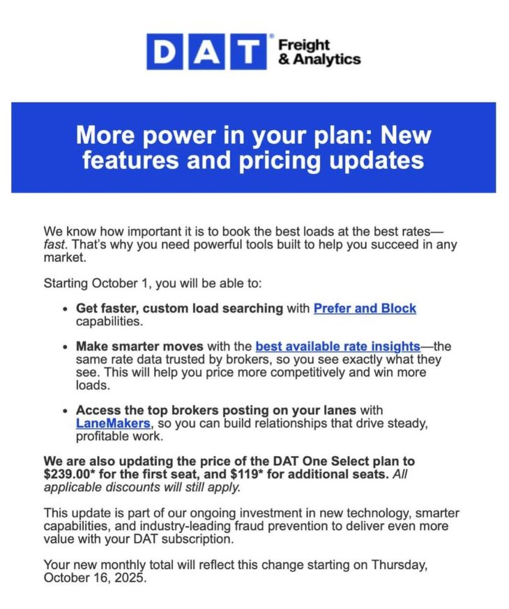 DAT Update On Subscription Price Increase On October 16th