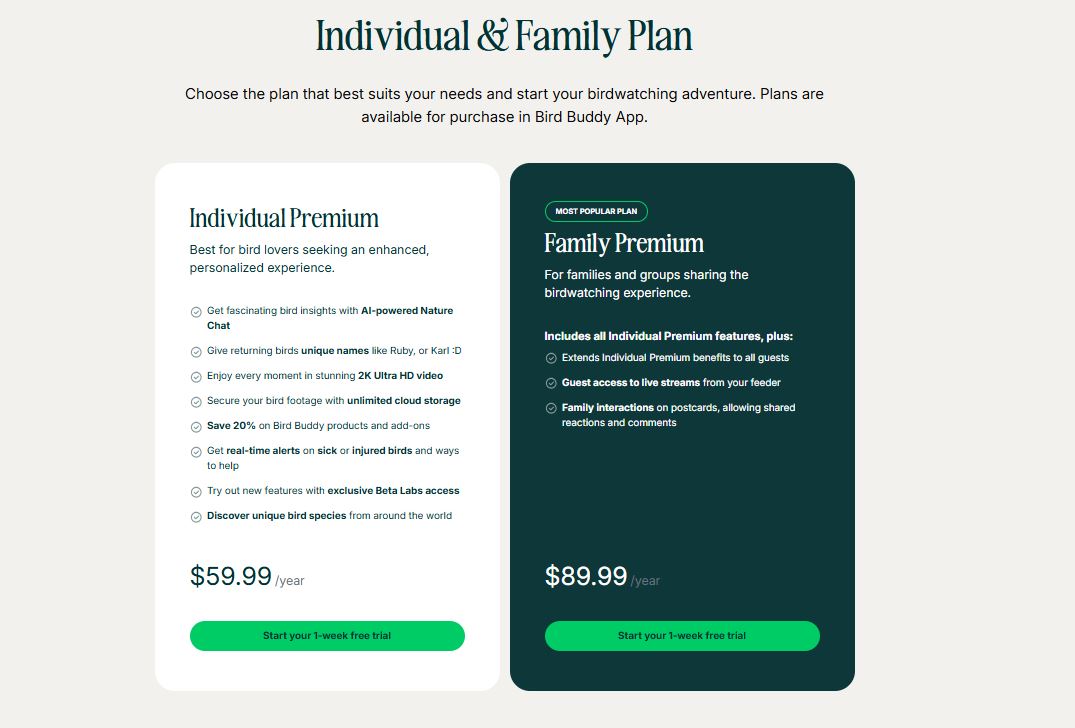 Bird Buddy Subscription pricing on September 20, 2025