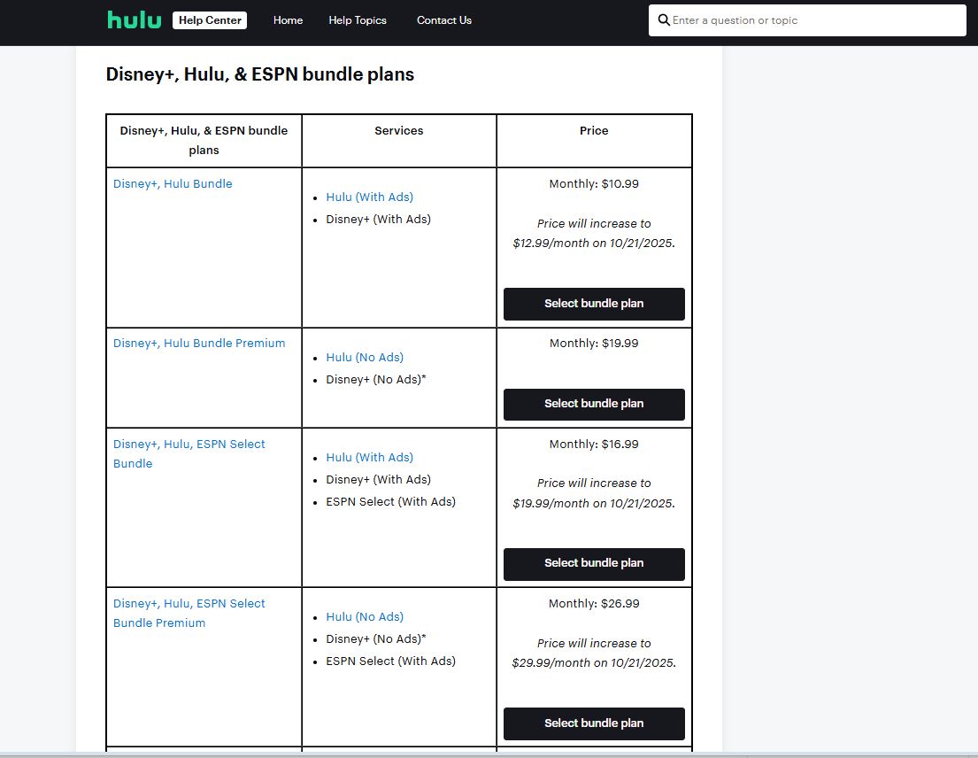 Hulu Subscription pricing on September 23, 2025