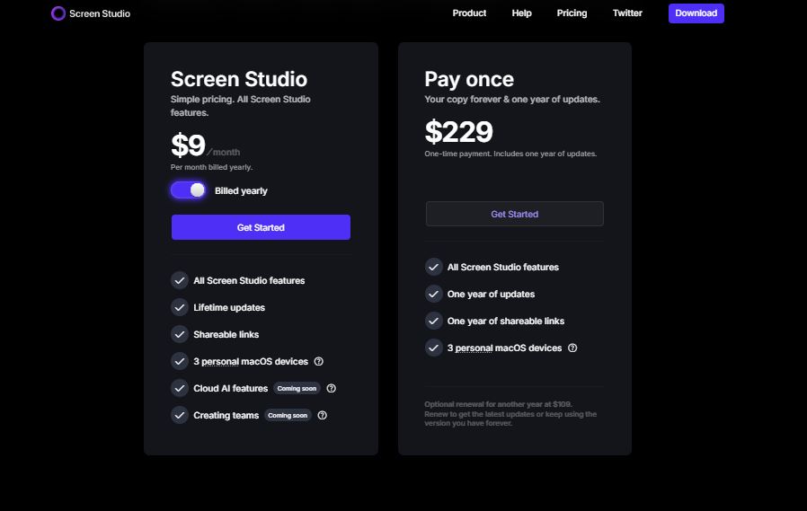 Screen Studio pricing on August 30, 2025