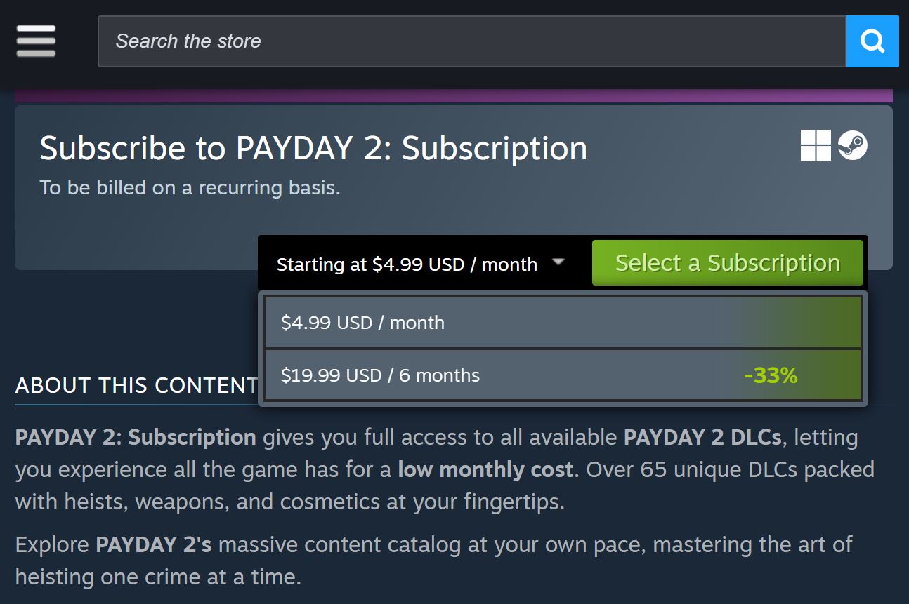 Starbreeze PAYDAY 2 Subscription pricing on September 24, 2025
