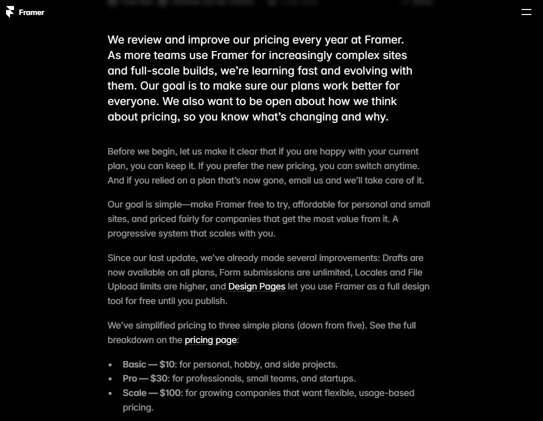 Framer Update on Subscription Price Changes in October