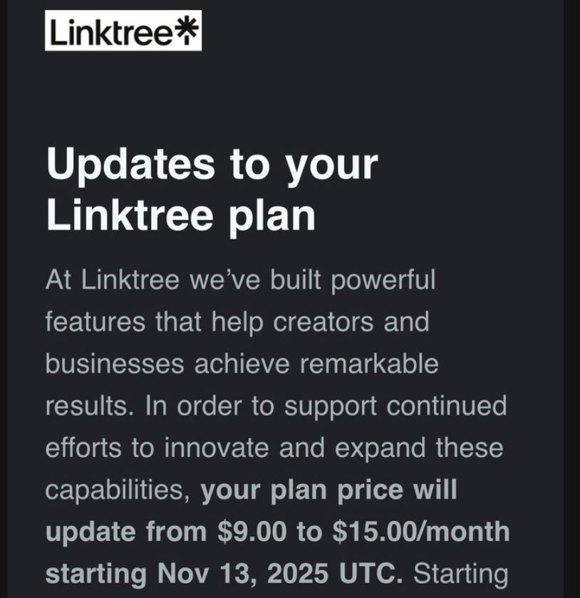 Linktree Update on Subscription Price Increase on November 13th