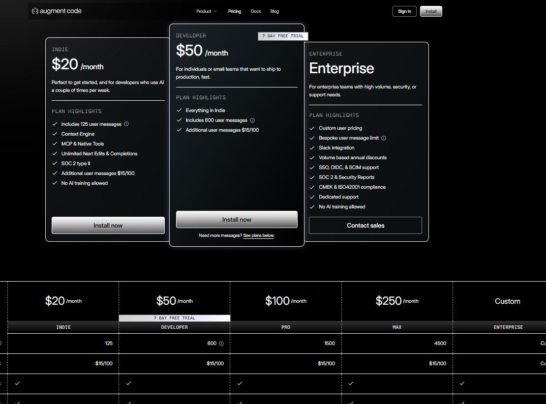 Augment Code pricing on October 15, 2025