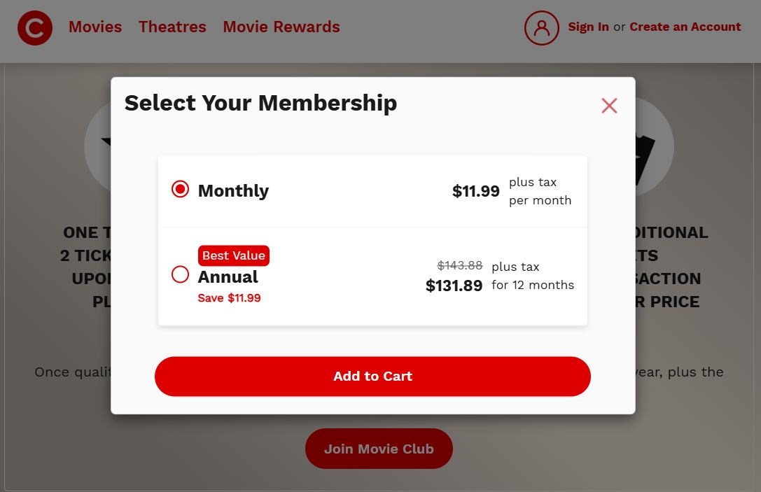 Cinemark Membership pricing on October 4, 2025