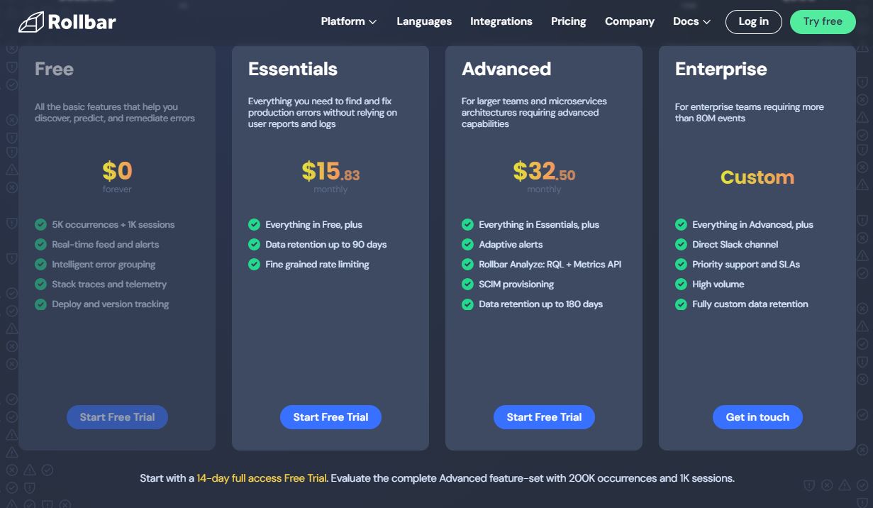 Rollbar pricing on October 16, 2025