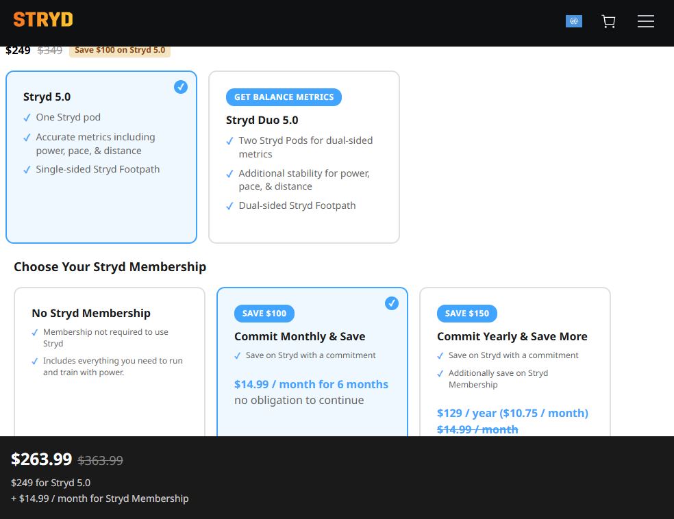 Stryd Membership pricing on October 7, 2025