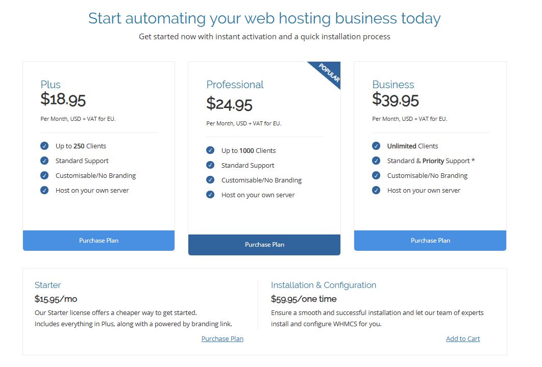 WHMCS pricing on August 15, 2020