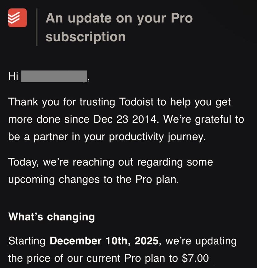 Todoist Update on Subscription Price Increase on December 10th