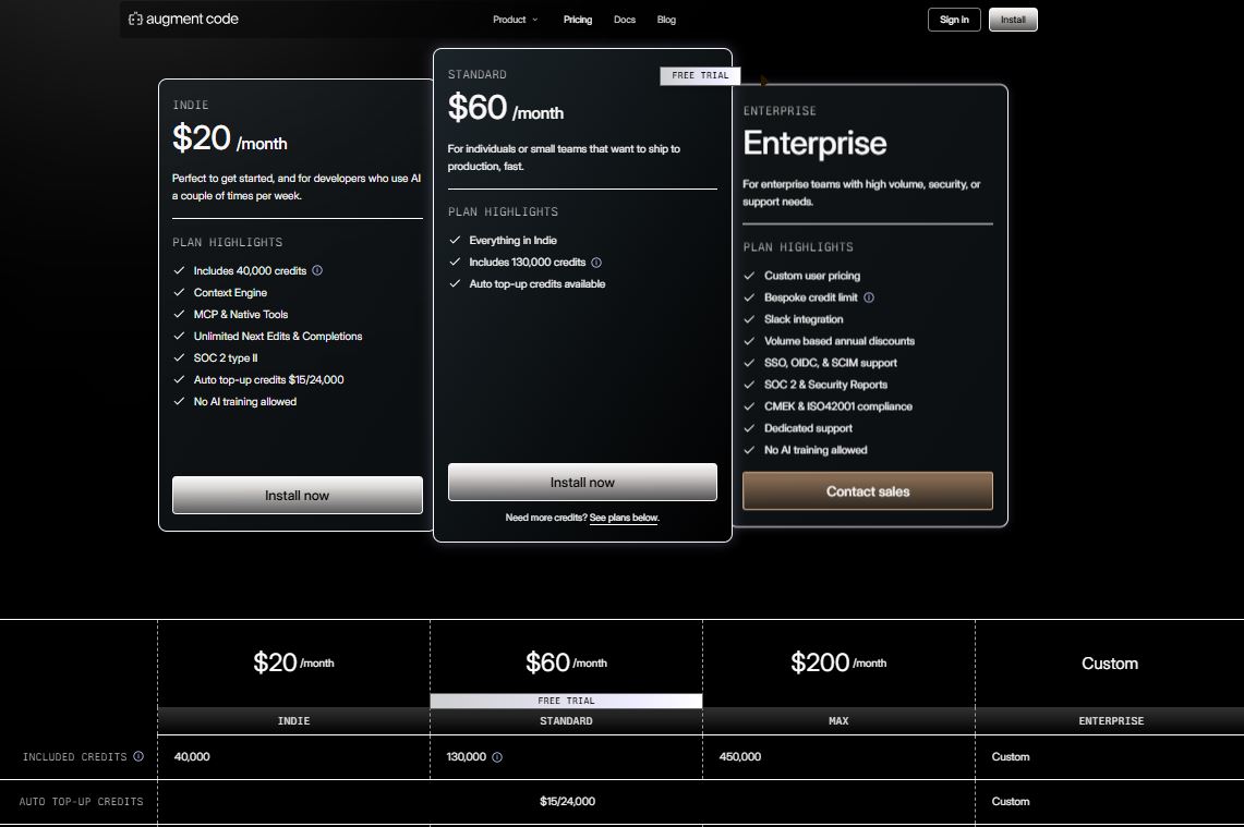 Augment Code pricing on November 10, 2025