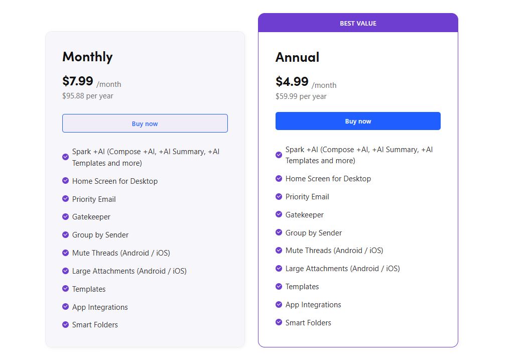 Spark Mail pricing on September 29, 2025