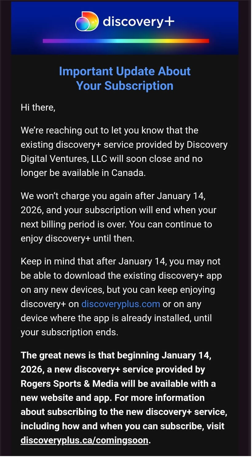 Discovery+ Canada App is Shutting Down, All Subscriptions to End in 2026