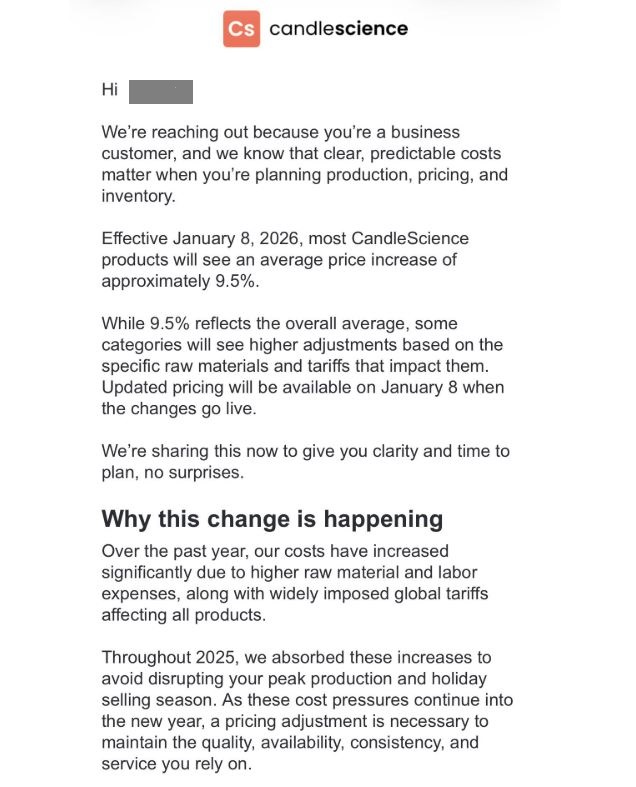 CandleScience Update on Product Price Increases in January 2026