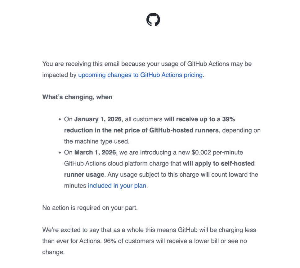 GitHub Update on GitHub Actions Price Increase for Self-hosted Runners in 2026