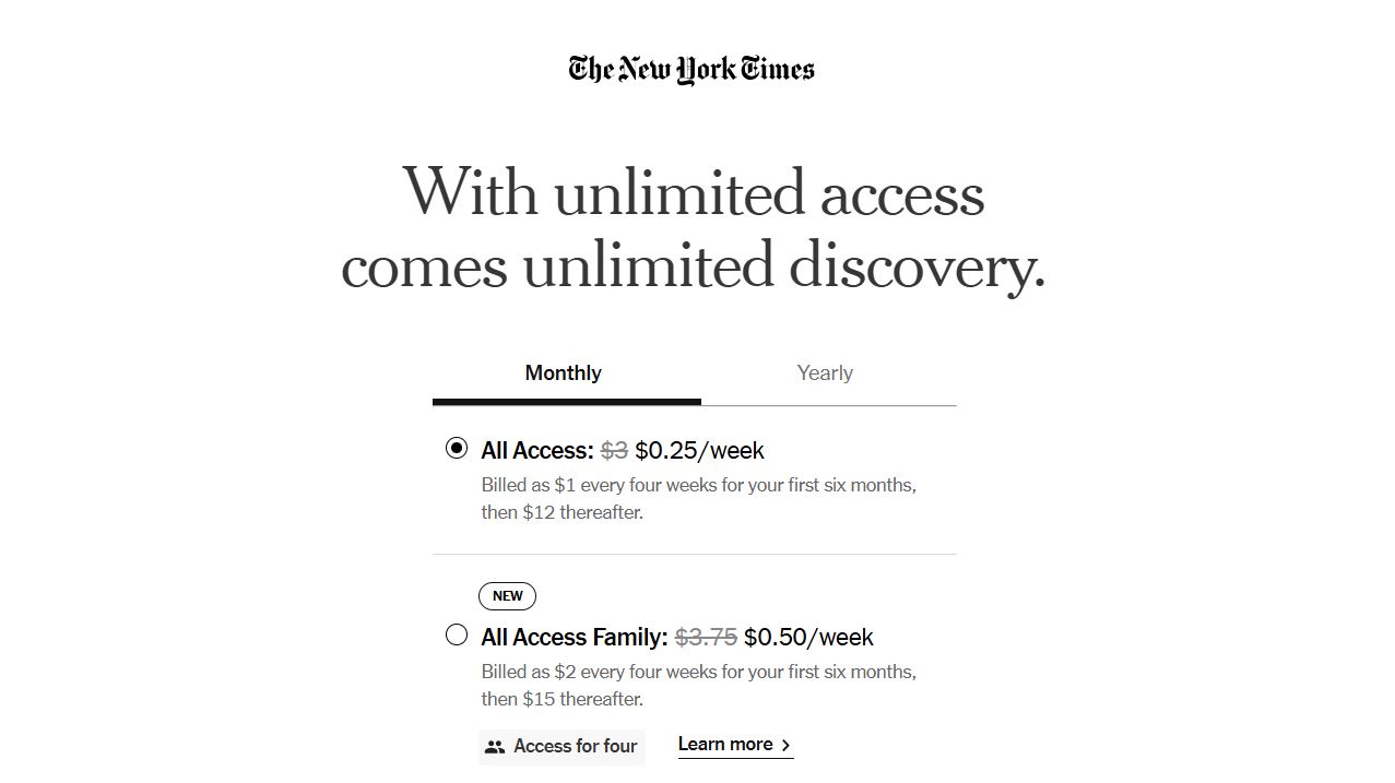 New York Times Subscription pricing on February 13, 2025