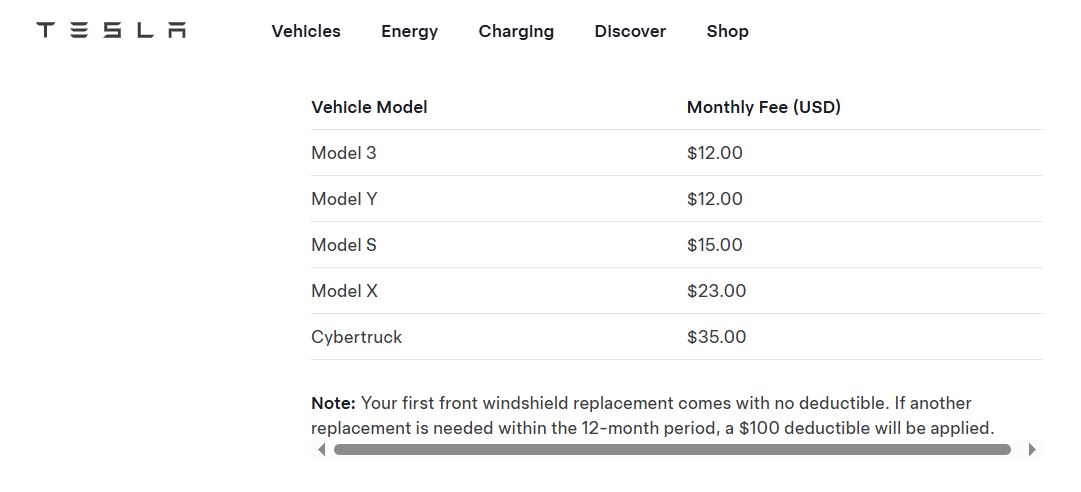 Tesla Windshield Protection Subscription pricing on December 1, 2025