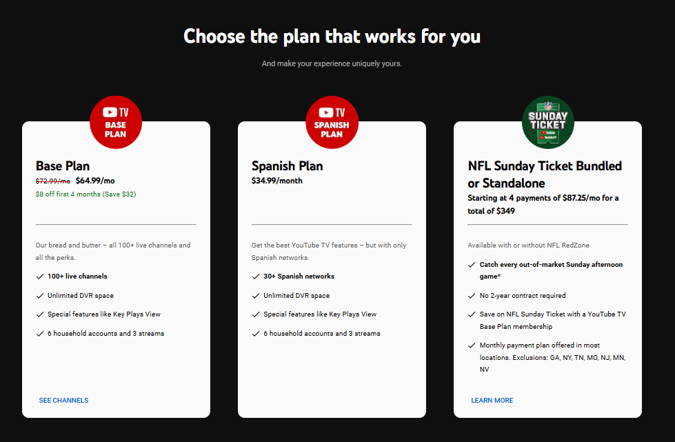 YouTube TV pricing on August 13, 2024