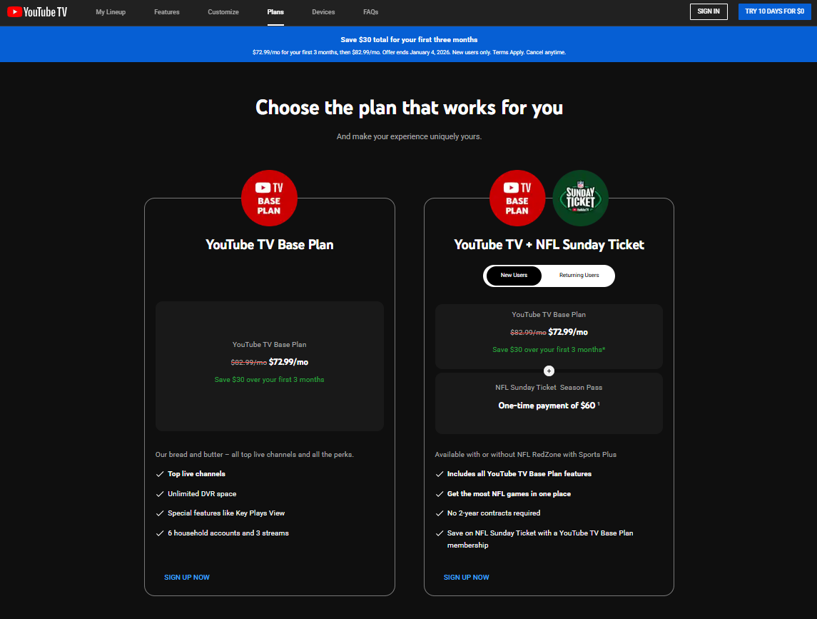 YouTube TV pricing on December 11, 2025