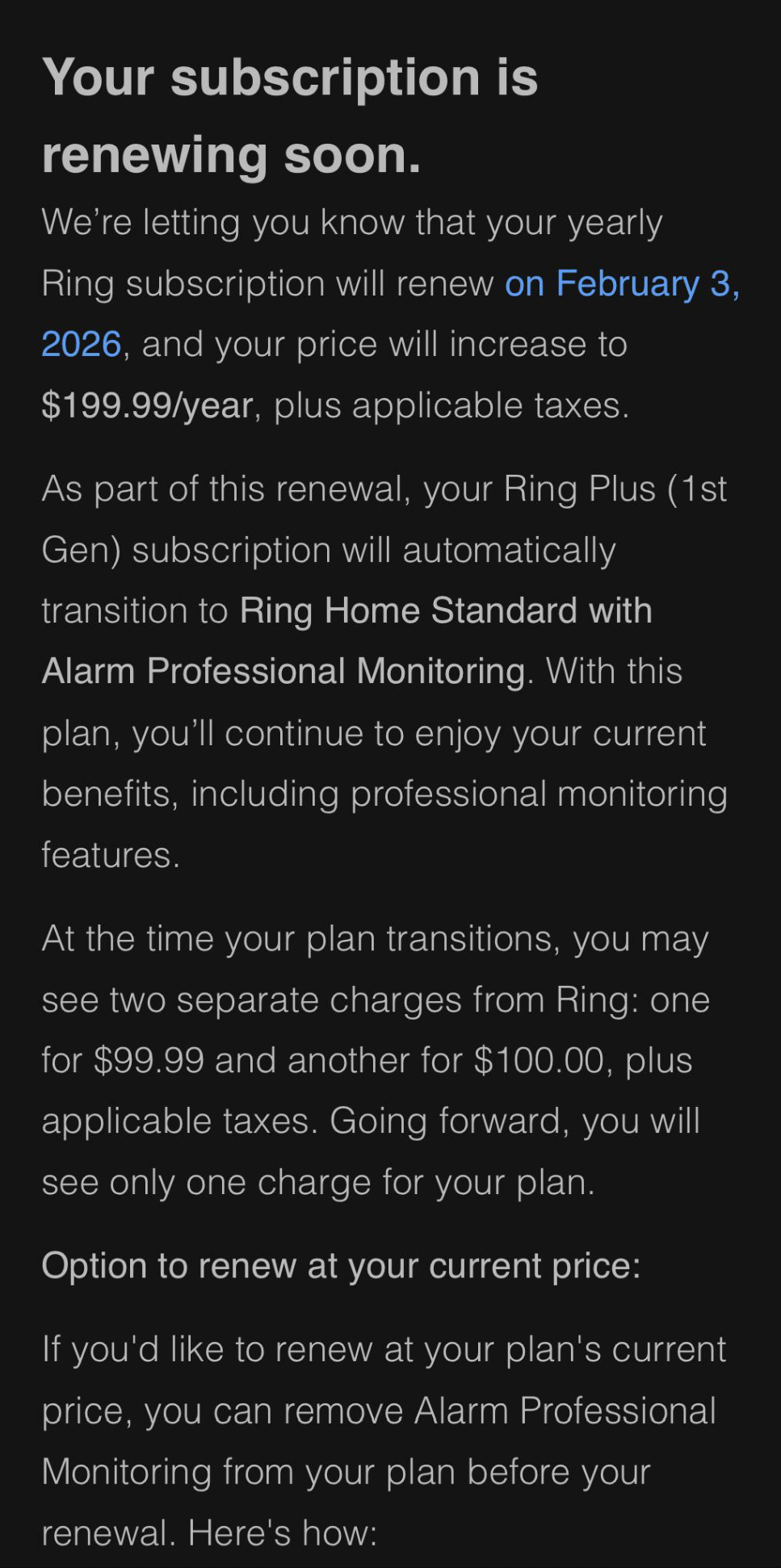 Ring Update on Subscription Price Increase in 2026 for Users on Legacy Pricing