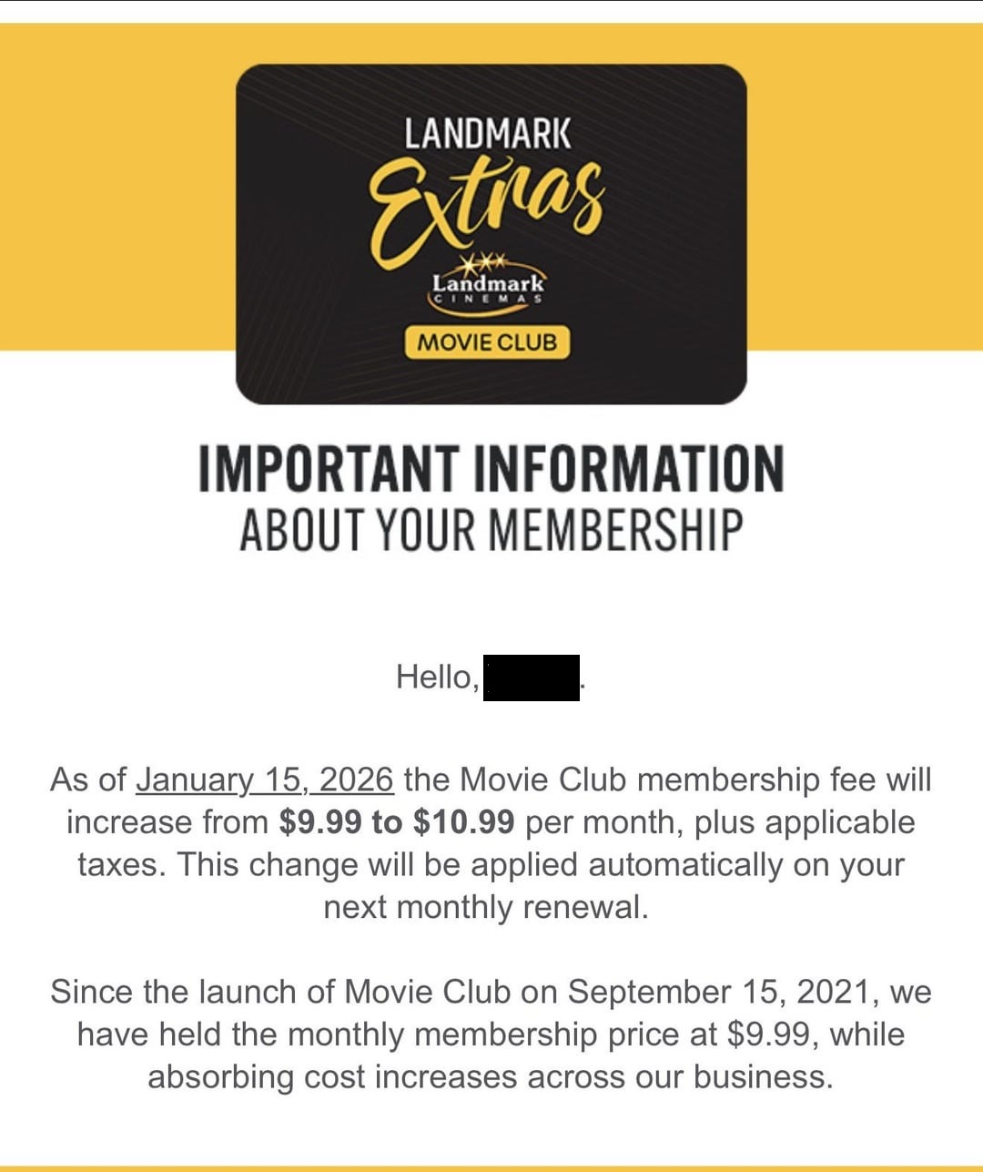 Landmark Cinemas Update On Membership Price Increase On January 15th
