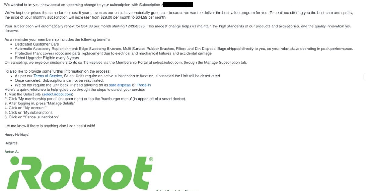 iRobot Select Update on Subscription Price Increase