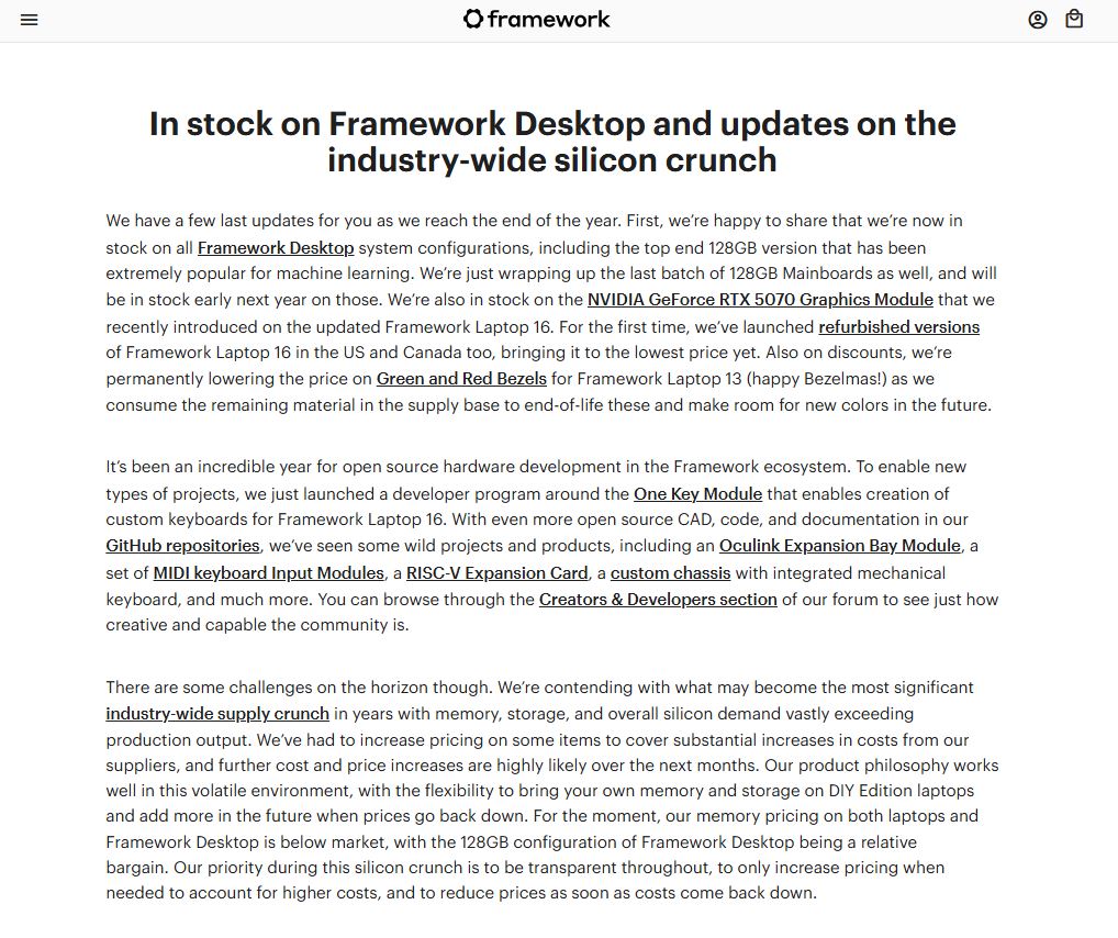 Framework Update on Products Price Increase Due to Memory Shortage Crisis